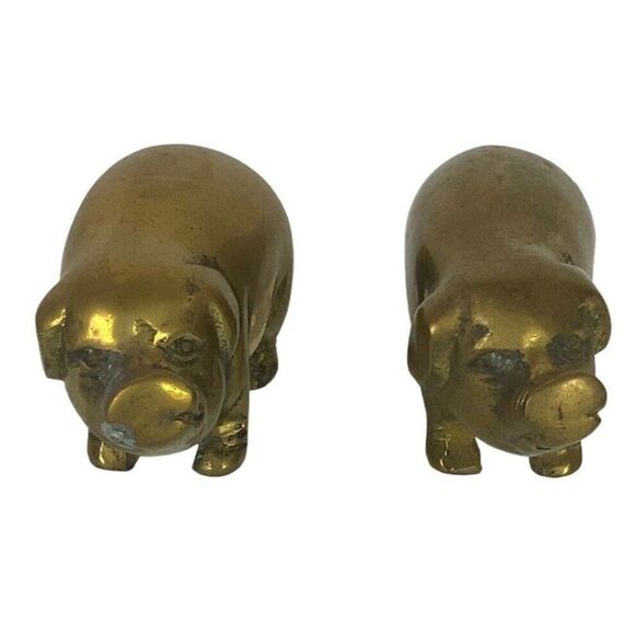 Solid Brass Mini Pig Hog Figurines Set Of 2 Gold Patina Farm Animal Vtg Korea - Picture 2 of 7